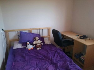 The same small bedroom, mostly filled with a double bed with purple bedding. There is a computer desk in the corner, with a computer chair in front of it. There is very little space between the two.