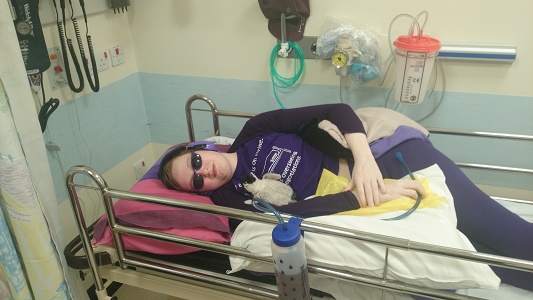 Lying in bed in hospital just after my appointment. It was nice being in a different bed, not so nice I'd just had blood taken.