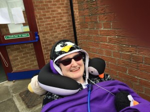 Danni in their wheelchair outside the Polling Station 