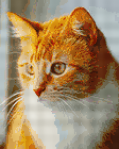 A virtual cross stitch picture of an orange cat.