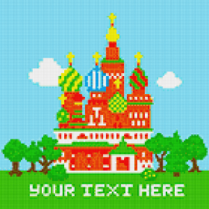 Image is a virtual cross stitch of a colourful temple with various spires, underneath which it says 