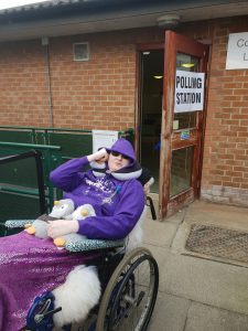 Danni is in the their wheelchair outside a polling station. They are wearing sunglasses, a purple hoodie with the hood up, and a purple sparkly blanket. On their lap are two grey penguins. They have a penguin neck cushion around their neck and their right hand is next to their ear. 