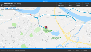 A map of Blaydon that shows last part of the route Johan took, and run information such as finishing time. 