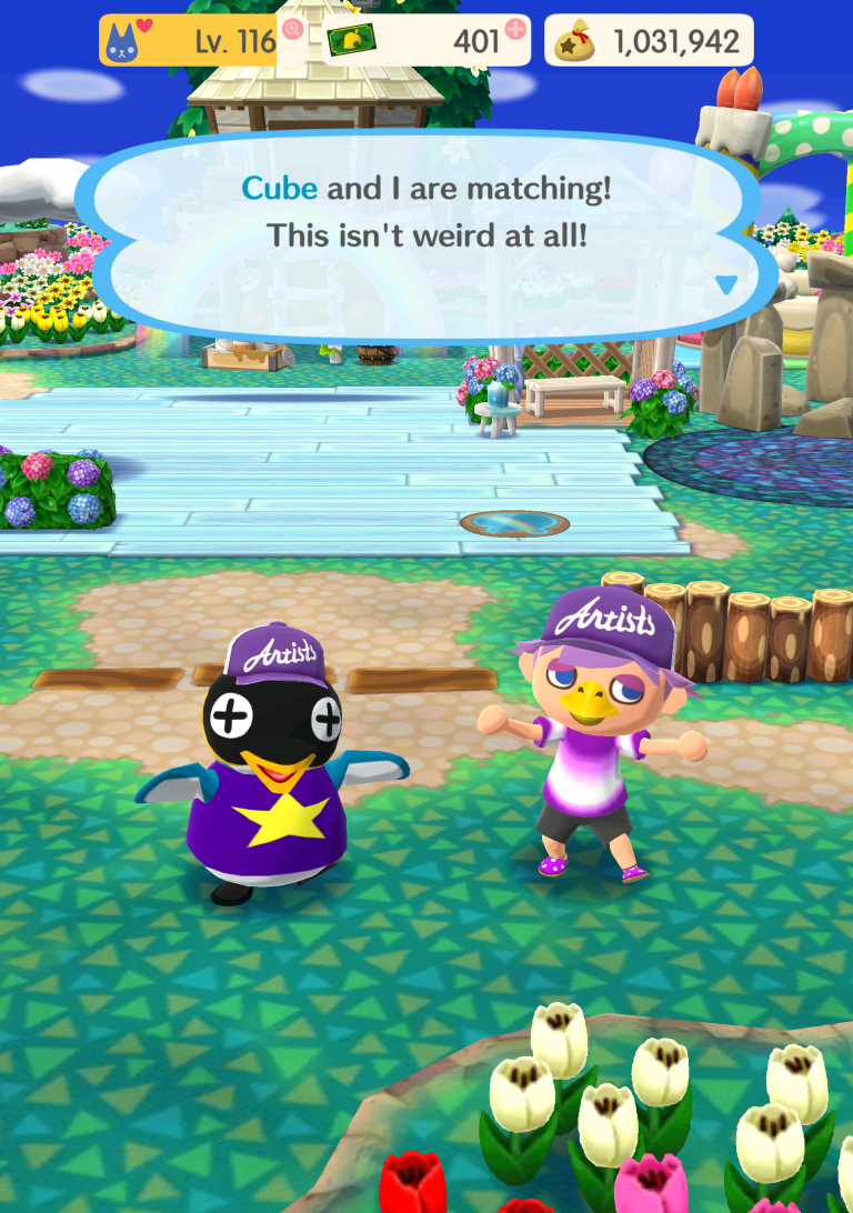 A screenshot from Animal Crossing Pocket Camp. There is a black faced penguin with crosses for eyes and has blue wings on the left, who is wearing a purple top with a large yellow star. On the right there is a pale skinned human with a beak and purple hair, wearing a purple and white top. They are wearing matching purple caps. The text says, "Cube and I are matching! This isn't weird at all!".