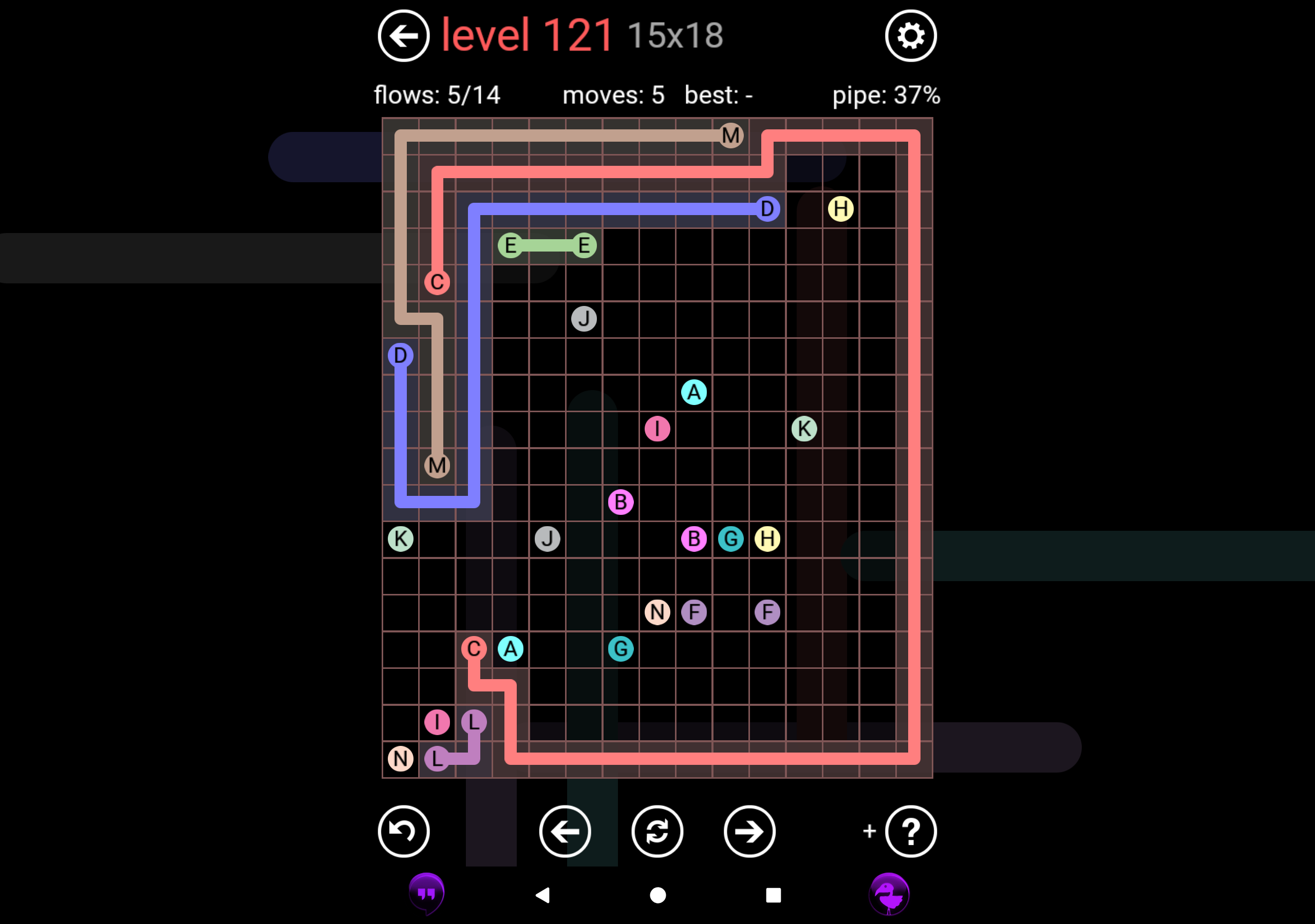 A screenshot of Flow Free, showing a grid with different coloured dots, some with lines connecting them