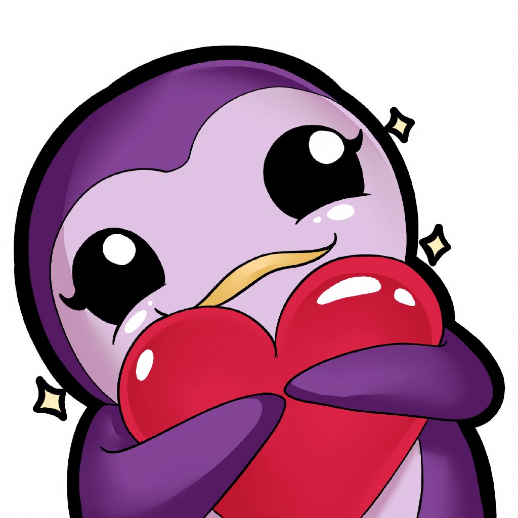 A cartoon purple penguin smiling and hugging a red heart. 